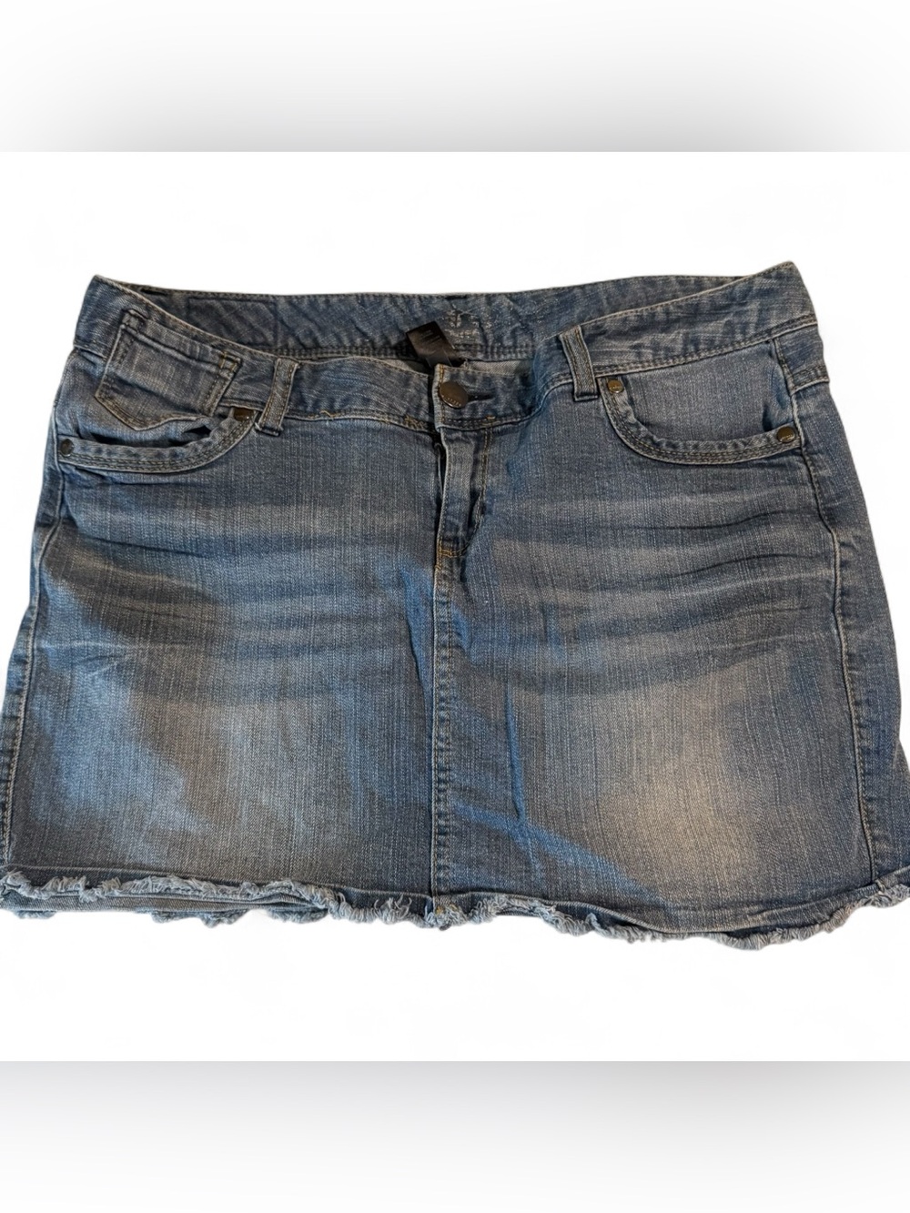 Vintage Express Y2K Low Rise Denim Mini Skirt Women’s Size 10 Raw Hem